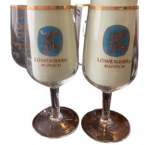 Vintage Lowenbrau Munich Stemmed Beer Glasses Set Lot of 4 Classic Style 0.5L